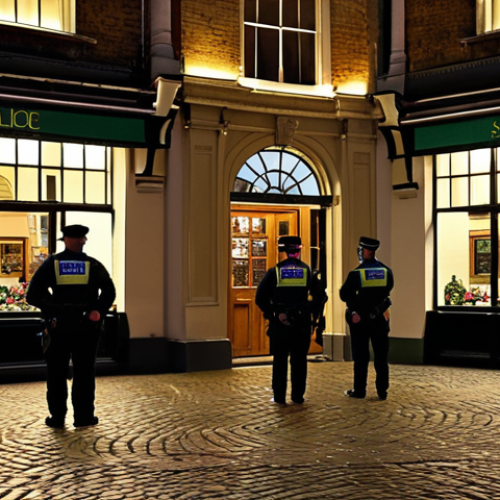 Tourists enjoying a safe and illuminated Covent Garden at night, with police patrols visible.