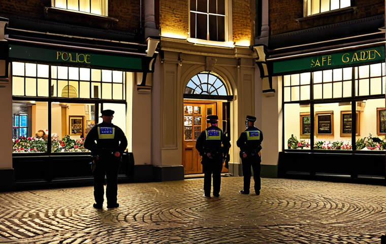 Tourists enjoying a safe and illuminated Covent Garden at night, with police patrols visible.