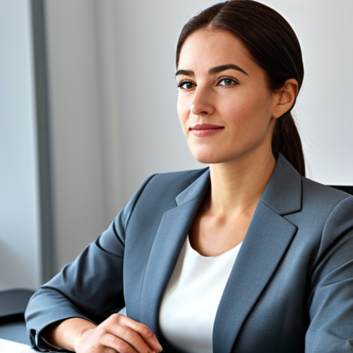 **

A professional businesswoman in a modest business suit, sitting at a desk in a modern office, fully clothed, appropriate attire, safe for work, perfect anatomy, natural proportions, professional photography, high quality.

**