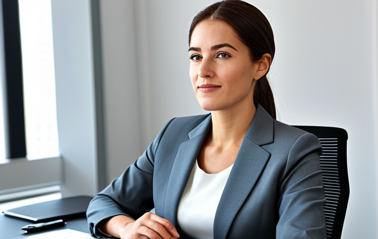 **
A professional businesswoman in a modest business suit, sitting at a desk in a modern office, fully clothed, appropriate attire, safe for work, perfect anatomy, natural proportions, professional photography, high quality.
**