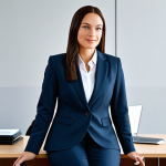 **

A professional businesswoman in a modest business suit, sitting at a desk in a modern office, fully clothed, appropriate attire, safe for work, perfect anatomy, natural proportions, professional photography, high quality.

**