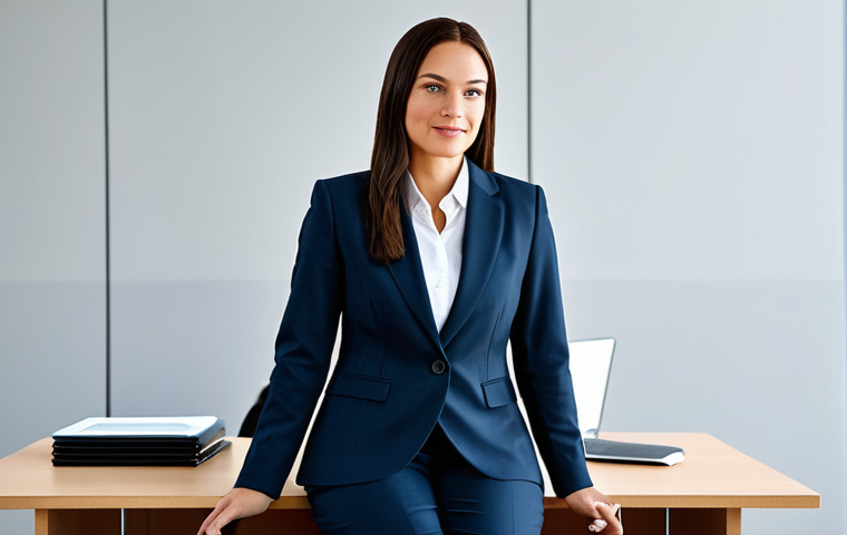 **
A professional businesswoman in a modest business suit, sitting at a desk in a modern office, fully clothed, appropriate attire, safe for work, perfect anatomy, natural proportions, professional photography, high quality.
**