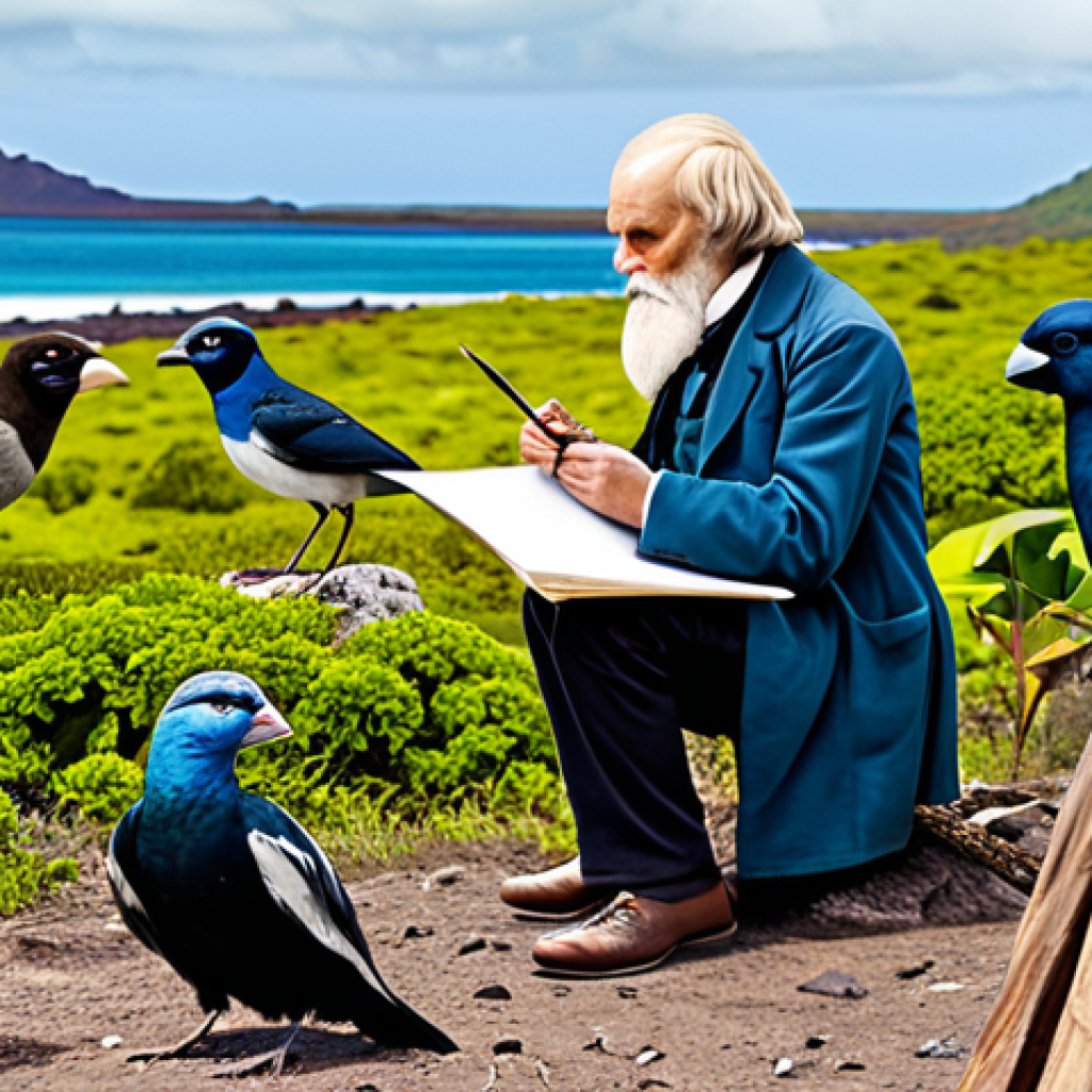 찰스 다윈과 진화론 - **

A young Charles Darwin, fully clothed in appropriate 19th-century attire, sketching birds in the...