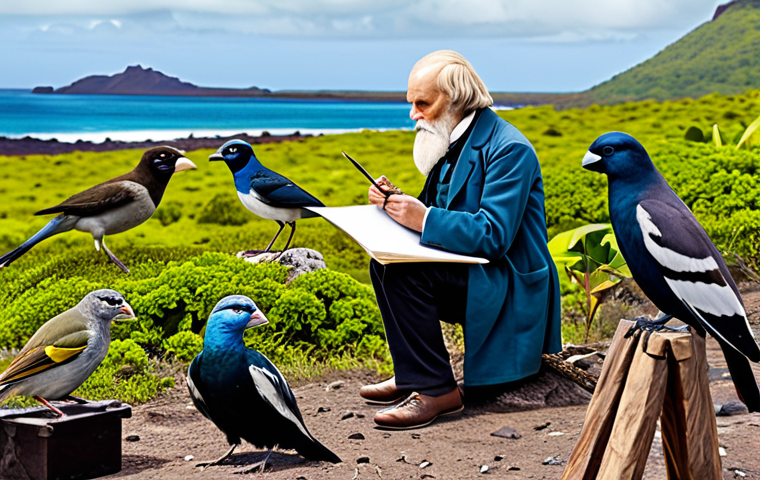 찰스 다윈과 진화론 - **

A young Charles Darwin, fully clothed in appropriate 19th-century attire, sketching birds in the...