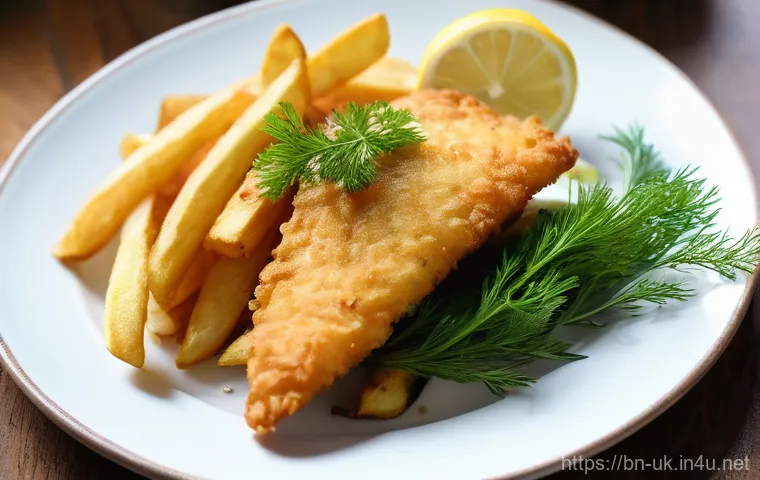 비건을 위한 영국 전통 요리 - Image Prompt 1: Crispy Vegan Fish and Chips**