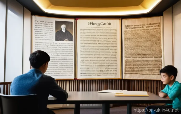 마그나 카르타와 민주주의 - **Prompt:** An allegorical image representing the "Rule of Law." In the center, a majestic set of go...