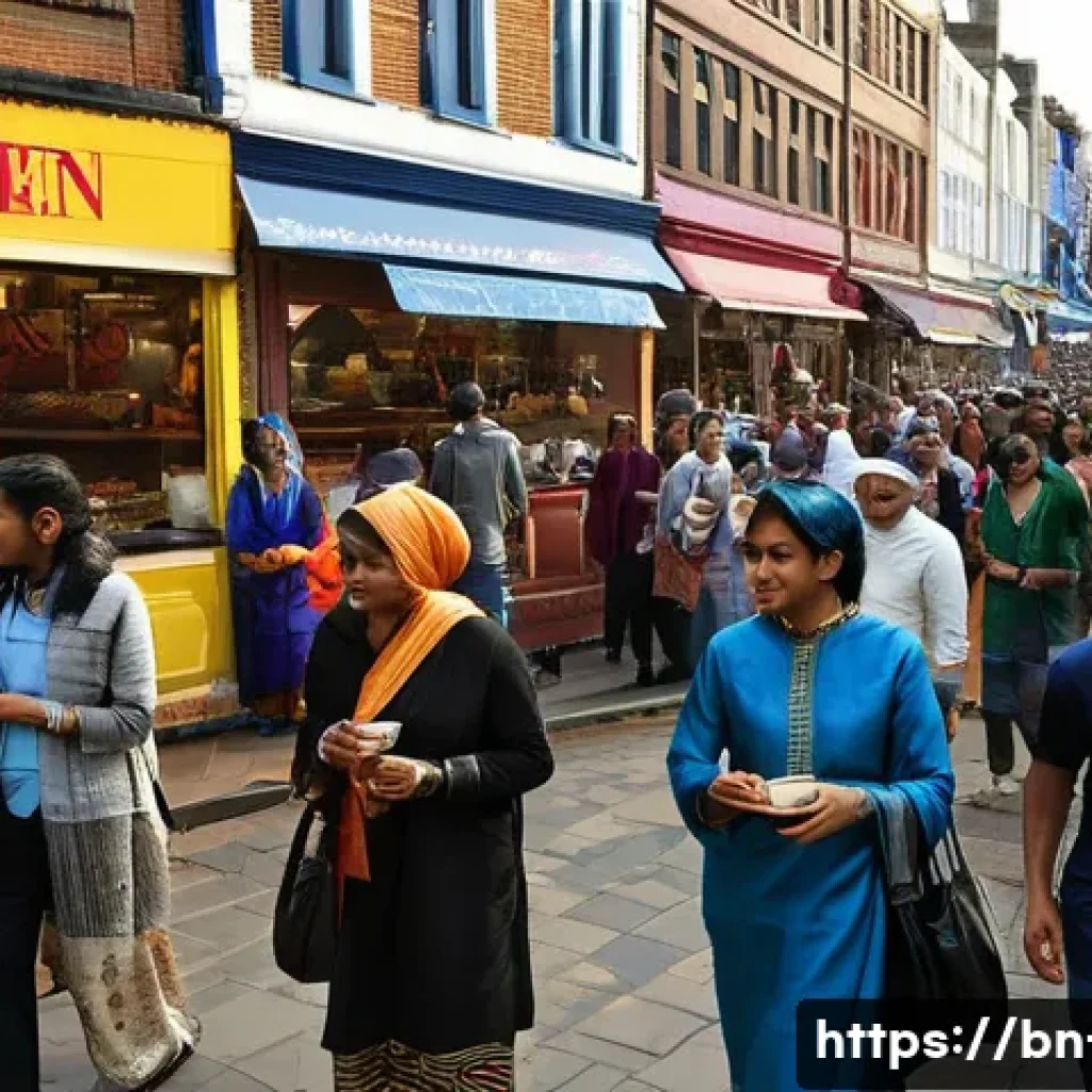 영국의 인종 다양성과 다문화 사회 - **Prompt:** "A vibrant, bustling street scene in a major UK city like London or Birmingham. The stre...
