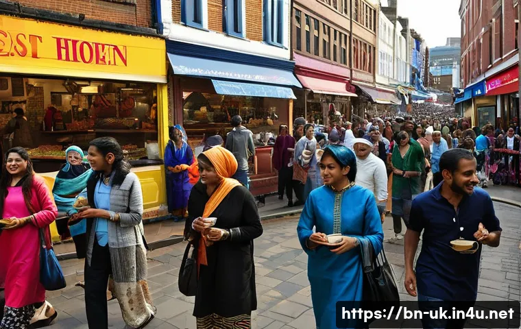 영국의 인종 다양성과 다문화 사회 - **Prompt:** "A vibrant, bustling street scene in a major UK city like London or Birmingham. The stre...