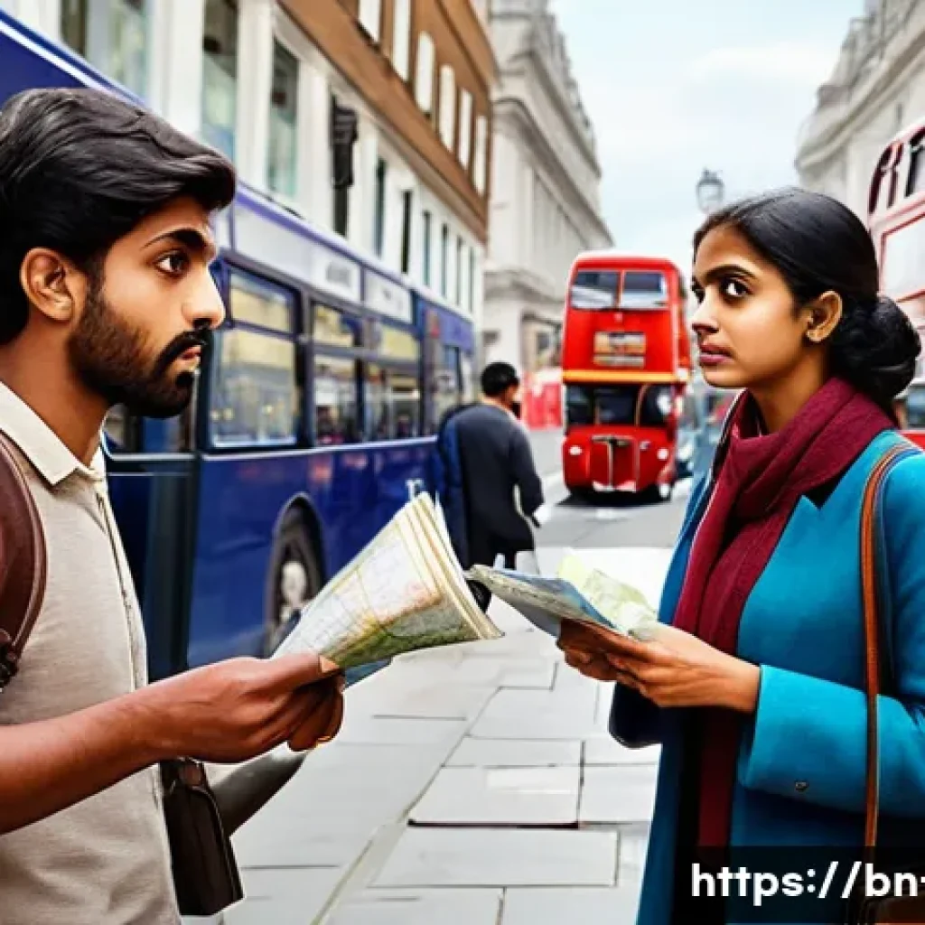 영국에서 여행자 사기 유형 - A busy London street scene featuring a cautious Bengali tourist woman in modest casual clothing, hol...