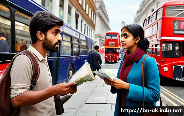 영국에서 여행자 사기 유형 - A busy London street scene featuring a cautious Bengali tourist woman in modest casual clothing, hol...