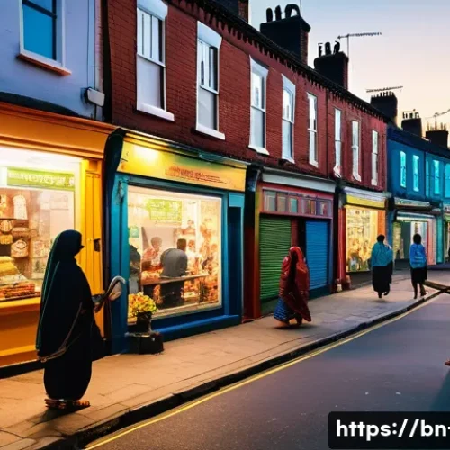 영국에서 발생한 사건 사고 - A vibrant urban street scene in a Bengali neighborhood of England at dusk, featuring diverse local r...