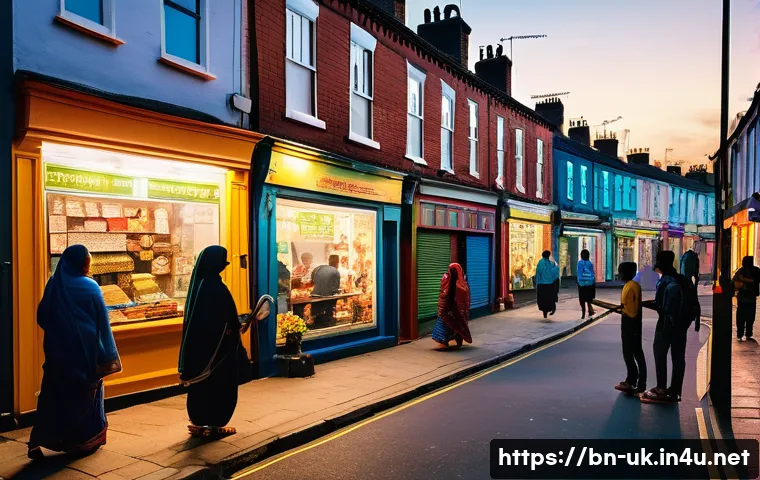 영국에서 발생한 사건 사고 - A vibrant urban street scene in a Bengali neighborhood of England at dusk, featuring diverse local r...