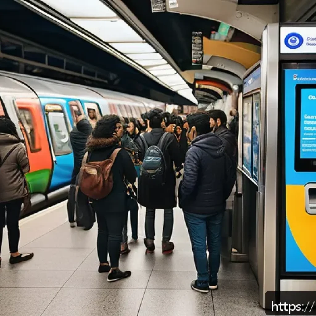 런던 지하철 이용 방법 - A busy London metro station ticket area with diverse Bengali-speaking commuters using digital kiosks...