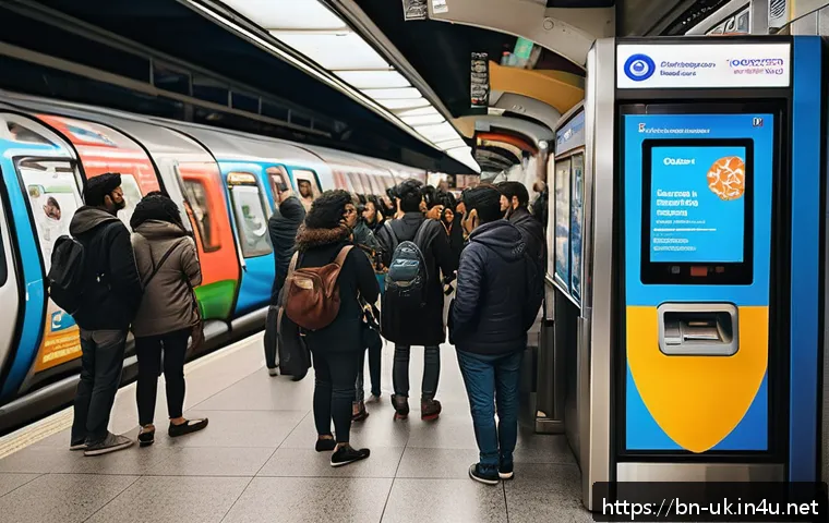 런던 지하철 이용 방법 - A busy London metro station ticket area with diverse Bengali-speaking commuters using digital kiosks...