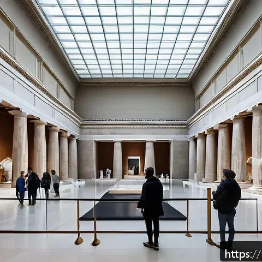 대영박물관 약탈 문화재 논란 - A detailed scene depicting the British Museum's grand interior gallery showcasing the controversial ...