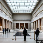 대영박물관 약탈 문화재 논란 - A detailed scene depicting the British Museum's grand interior gallery showcasing the controversial ...