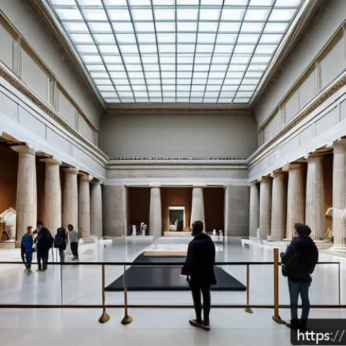 대영박물관 약탈 문화재 논란 - A detailed scene depicting the British Museum's grand interior gallery showcasing the controversial ...