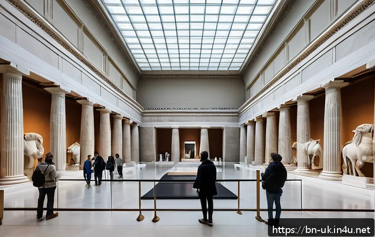 대영박물관 약탈 문화재 논란 - A detailed scene depicting the British Museum's grand interior gallery showcasing the controversial ...