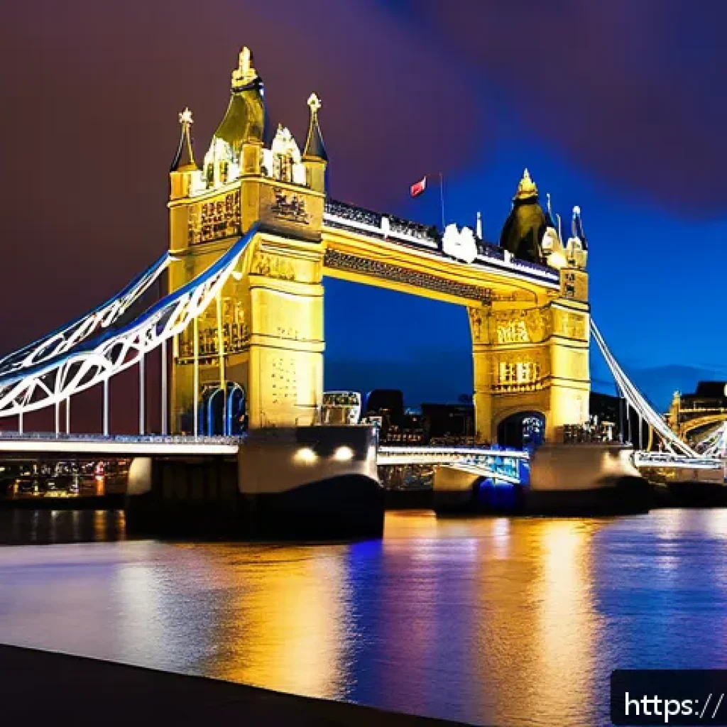 런던 타워브리지 야경 - A vibrant nighttime scene of the Tower Bridge viewed from the South Bank Walkway in London, illumina...