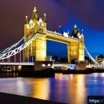 런던 타워브리지 야경 - A vibrant nighttime scene of the Tower Bridge viewed from the South Bank Walkway in London, illumina...