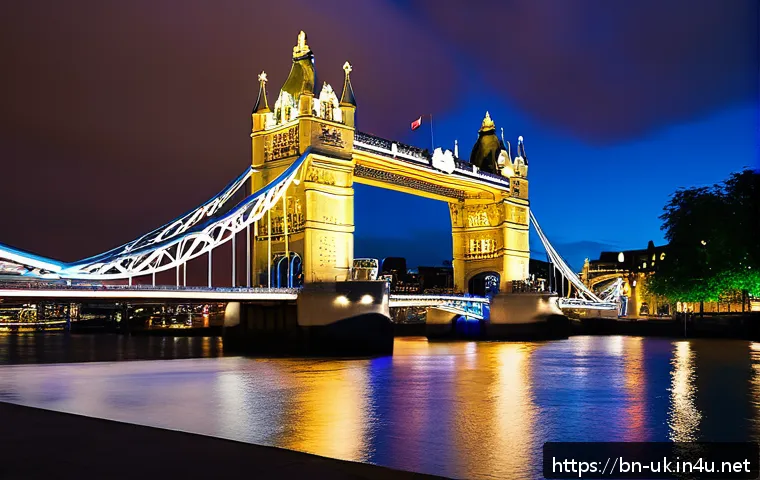 런던 타워브리지 야경 - A vibrant nighttime scene of the Tower Bridge viewed from the South Bank Walkway in London, illumina...