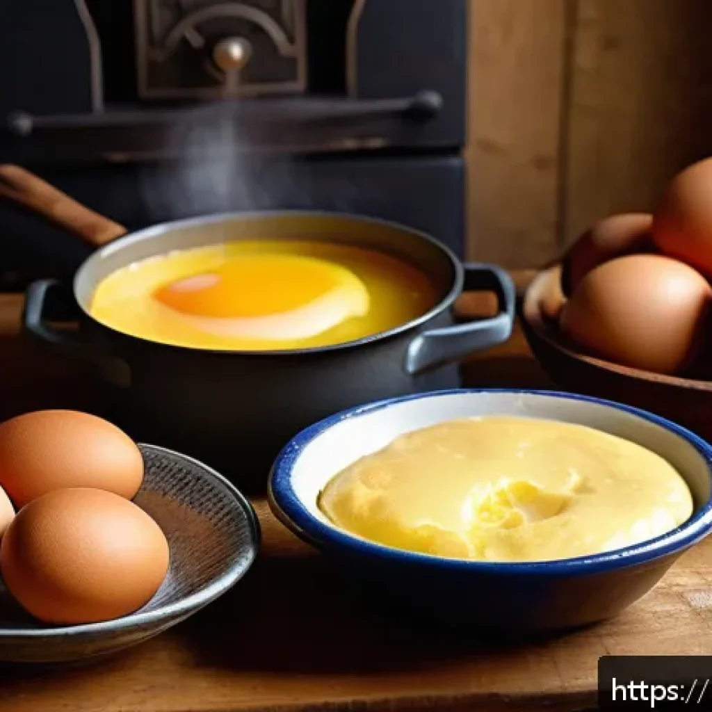 요크셔 푸딩 만드는 법 - A cozy kitchen scene showcasing the preparation of classic Yorkshire pudding batter: a rustic wooden...